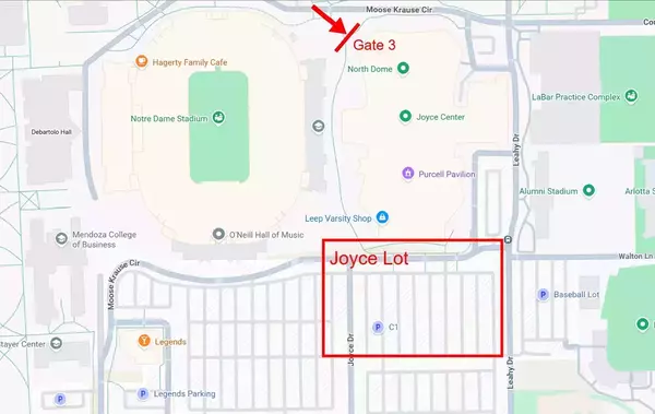 University of Notre Dame campus map showing Notre Dame Stadium. A red arrow points to Gate 3 on the north side of the Joyce Center, and a red box outlines the Joyce Lot, located south of the Joyce Center.